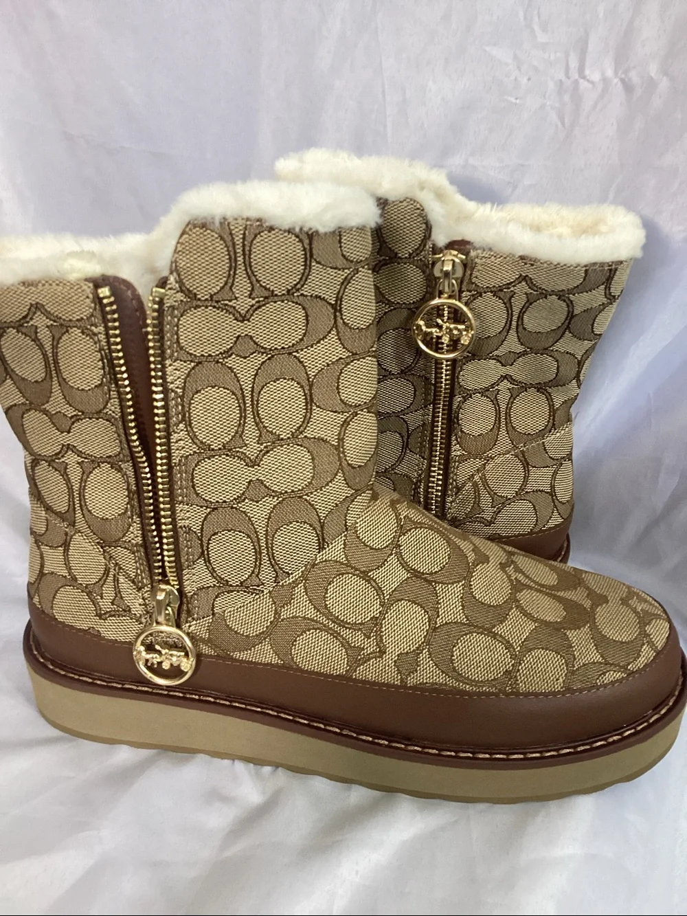 Coach Beige Signature Logo Shearling-Lined Women's Boot